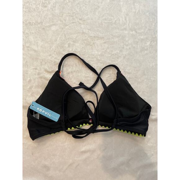 NWT POPVIL High Waisted Cut Cheeky Two Piece Swimsuit Medium Black Neon Shell - Picture 13 of 14